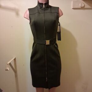 Tommy Hilfiger Olive Green Sleeveless Zip Front Sheath Dress w/ Belt Size 4